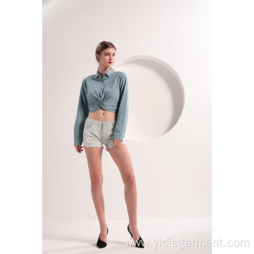 Denim Crop Top Women's Light Blue Denim Crop Shirt Factory